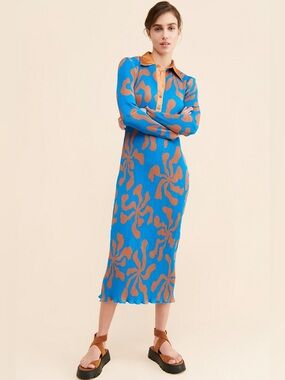 Arthur Crimped Dress Hawaii Blue Orange Floral Art To Wear Maxi Dress Collared